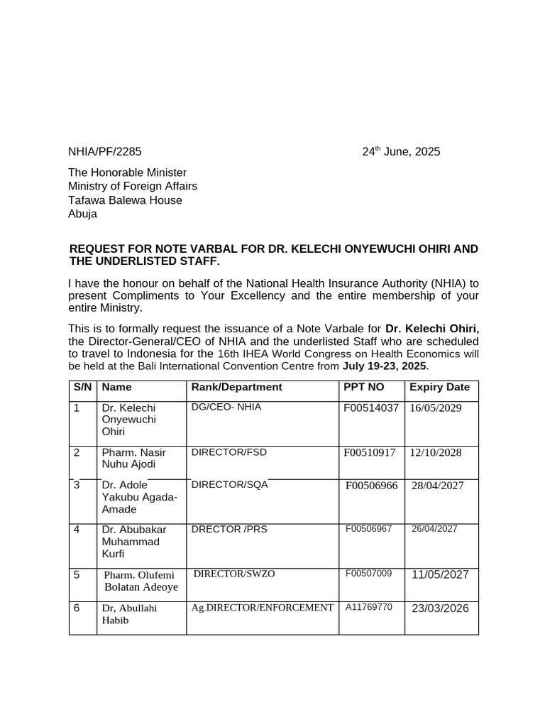 NHIA Request for Visa Note Verbale | PDF | Social Programs | Government