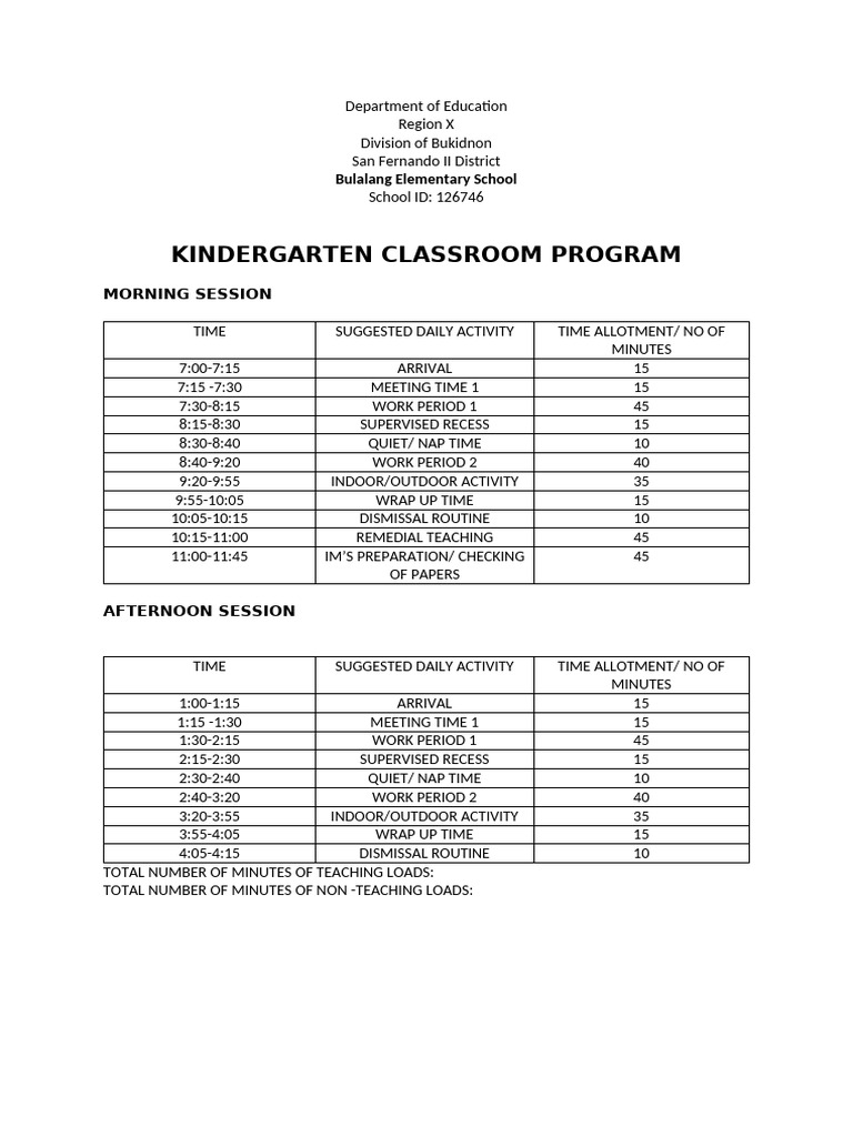 Kindergarten Daily Activity Schedule | PDF