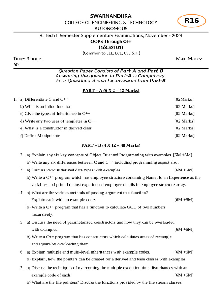 OOPS C++ Exam Paper Nov 2024 | PDF | C++ | Inheritance (Object Oriented ...