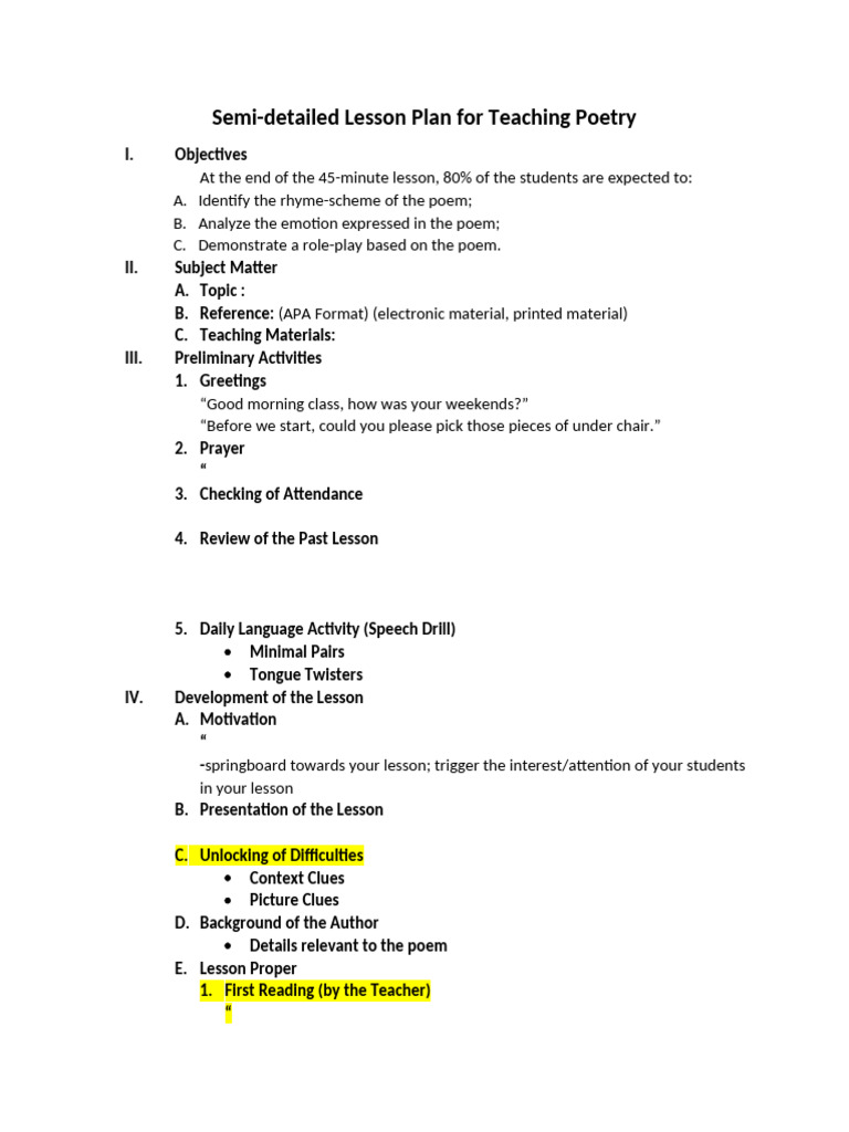 Lesson Plan for Teaching Poetry | PDF | Poetry | Lesson Plan