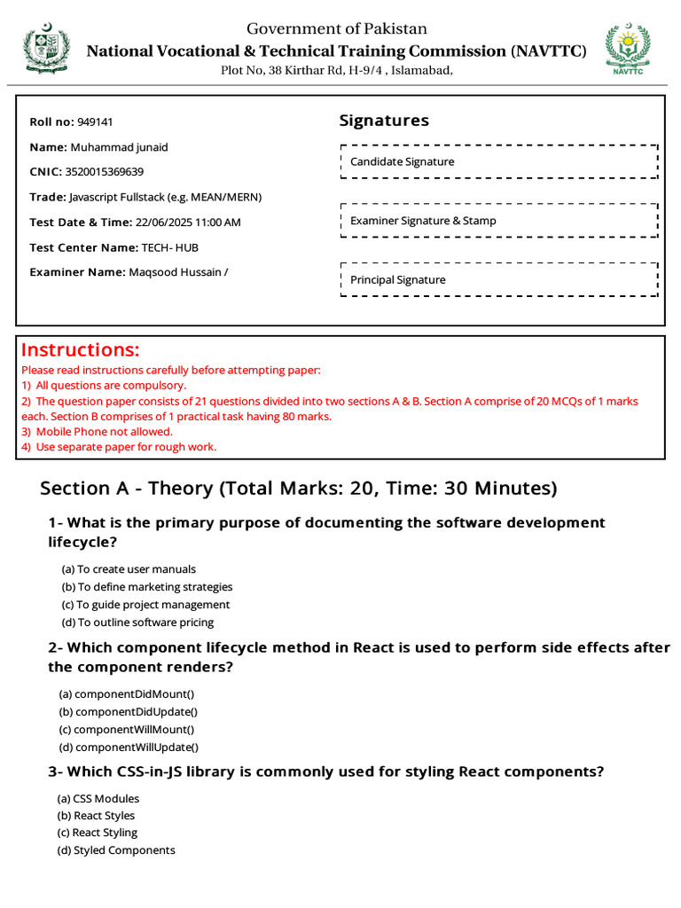 Javascript Fullstack Exam Paper 2025 | PDF | Java Script | Software Testing