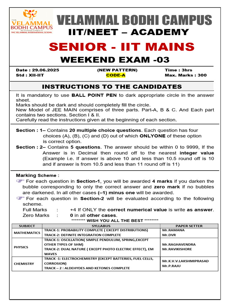Xii Iit - Weekend Exam - Code A - Final QP - (29.06.2025) | PDF | Waves ...