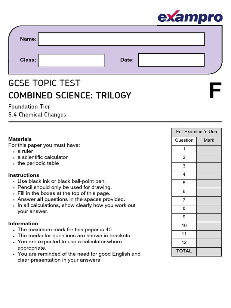 GCSE Combined Science: Chemical Changes Test | PDF | Anode | Chlorine