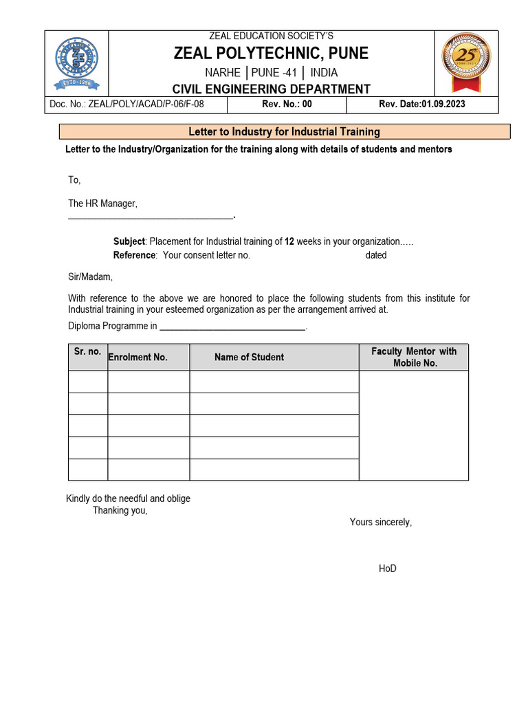 ISO Permission Letter Industry Training CE | PDF