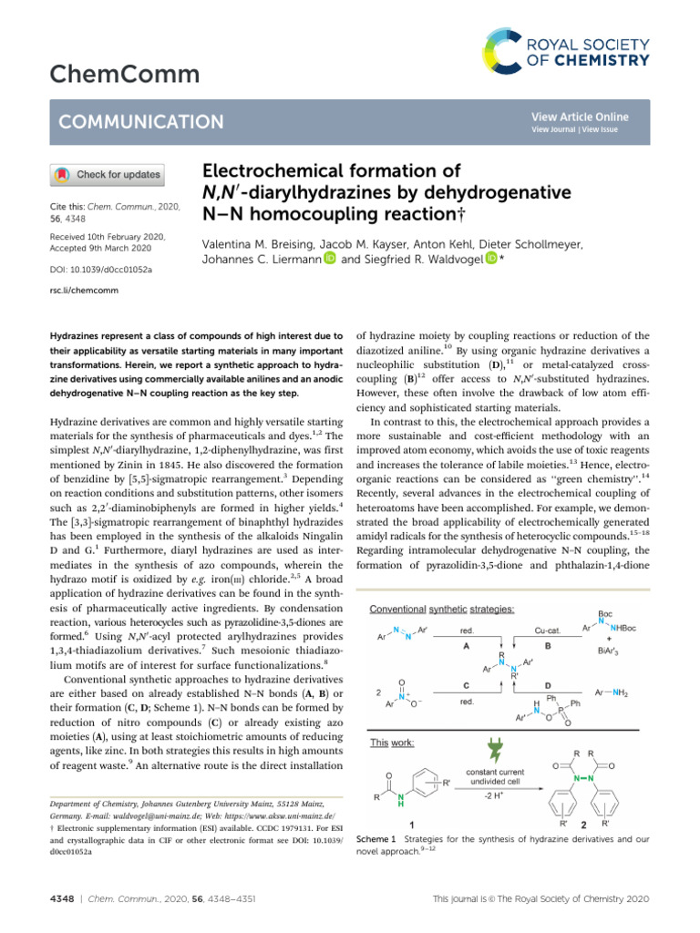 Electrochemical Synthesis of Hydrazines | PDF | Chemical Reactions ...
