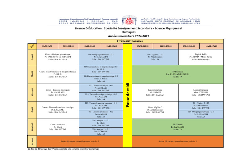 Emploi du temps Licence Éducation 2024-2025 | PDF | Chimie | Science de ...