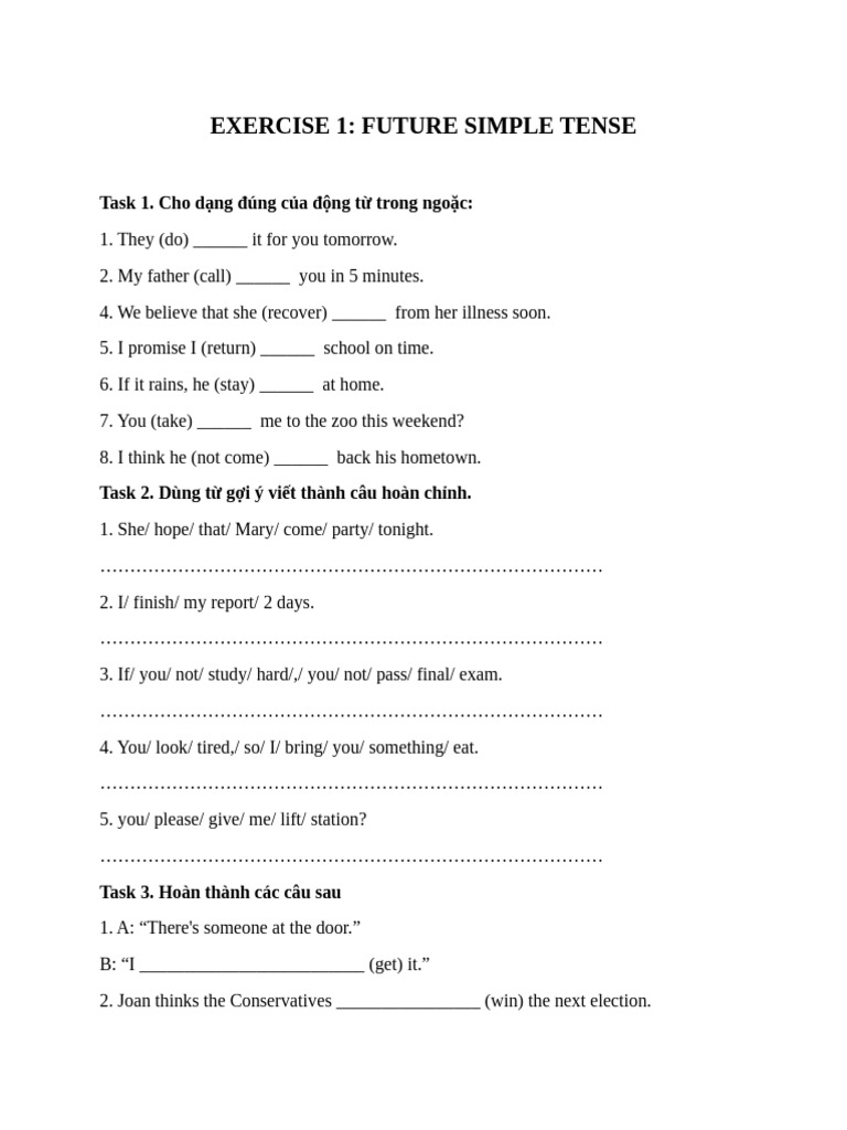Future Simple Tense Exercises | PDF