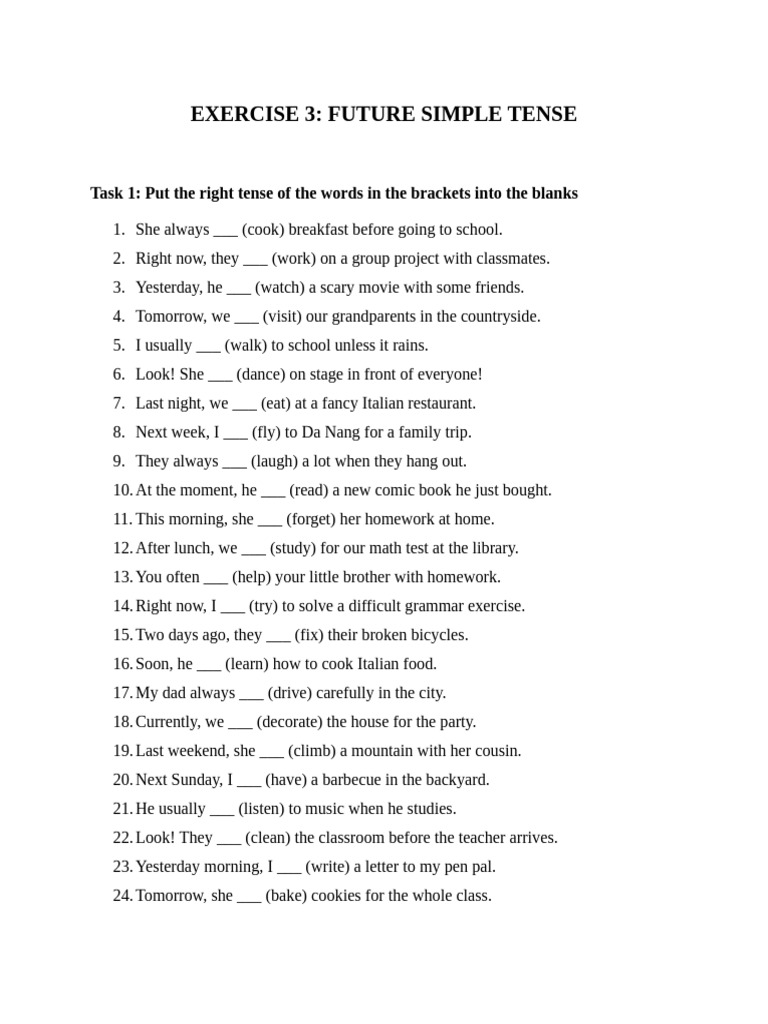 Future Simple Tense Exercises | PDF