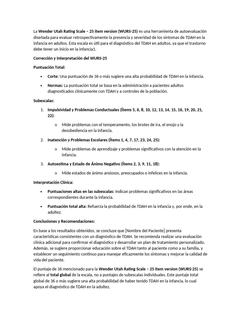 Evaluación del TDAH con WURS-25 | PDF | Desorden hiperactivo y deficit ...