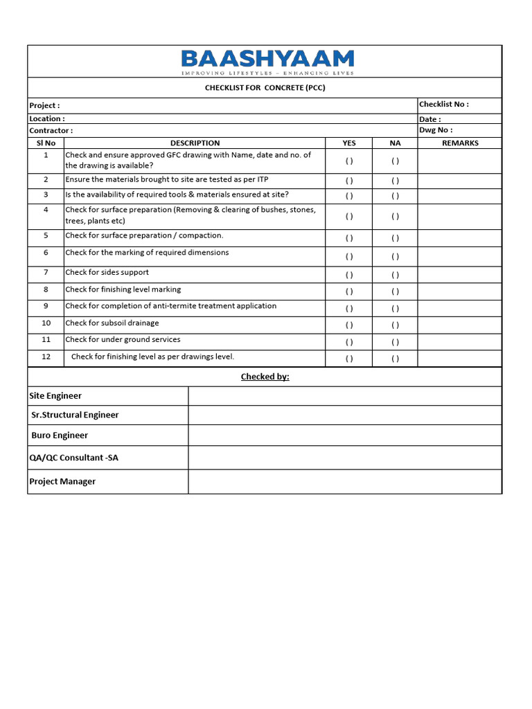 Civil Works Inspection Checklist | PDF | Concrete | Masonry