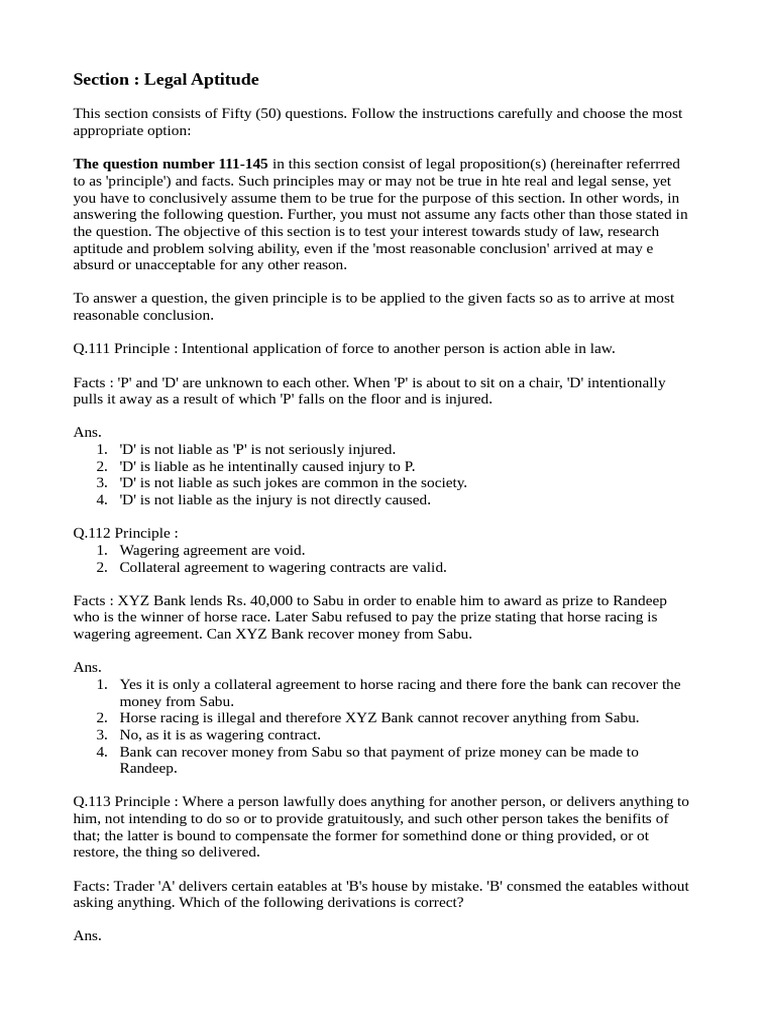 Legal Aptitude Questions and Principles | PDF | Justice | Crime & Violence