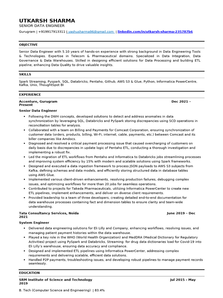 Senior Data Engineer Resume Overview | PDF | Data Warehouse | Apache Spark