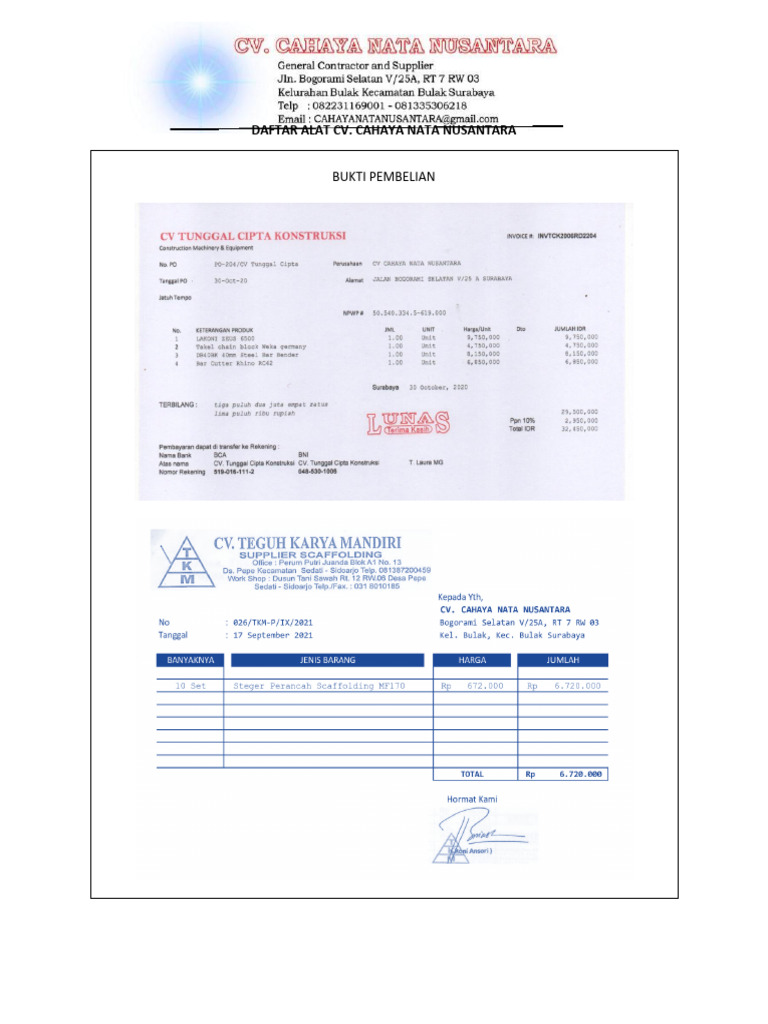 Daftar Alat CV Cahaya Nata Nusantara | PDF