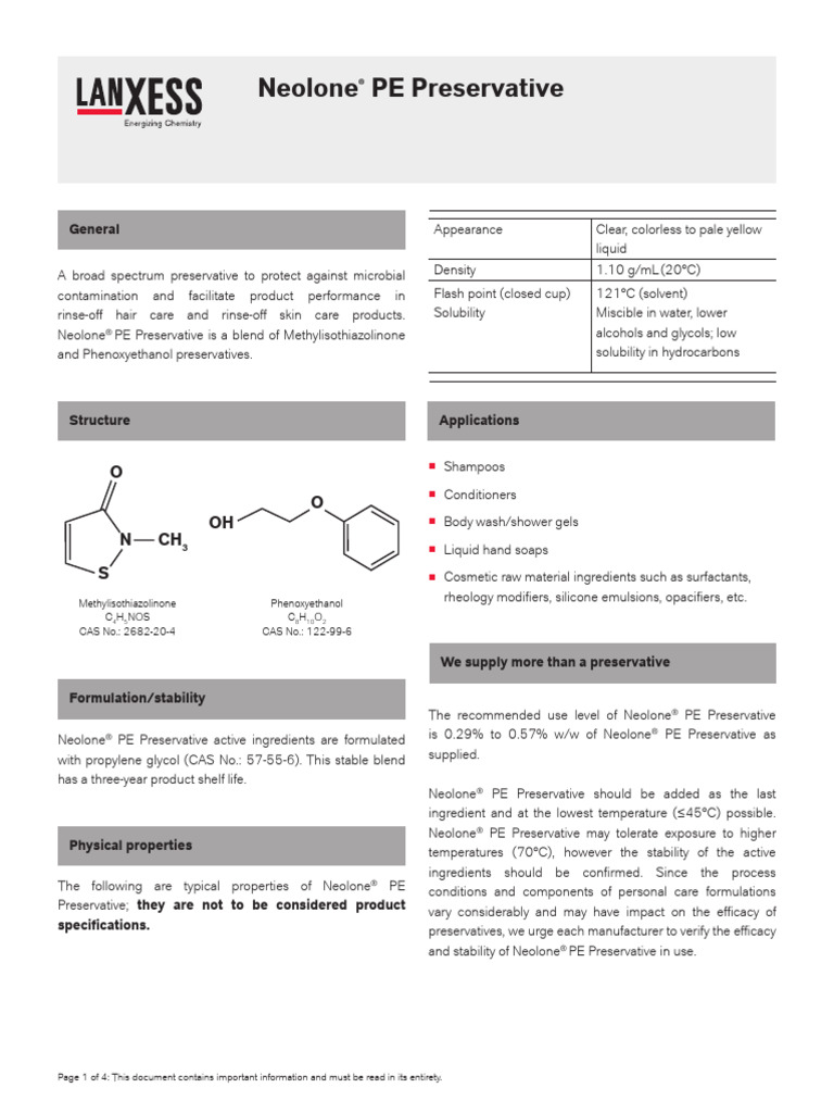 Neolone® PE Preservative Overview | PDF | Chemical Substances