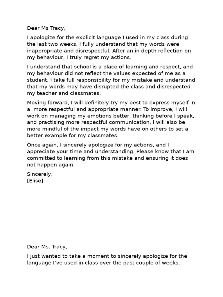 Apology Letter for Classroom Misbehavior | PDF