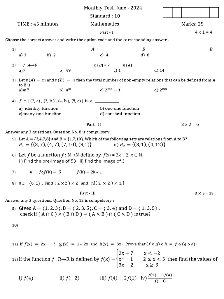 June 2024 Mathematics Monthly Test | PDF | Function (Mathematics ...