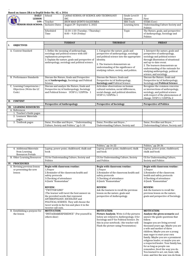 Daily Lesson Log: Understanding Culture | PDF | Sociology | Science