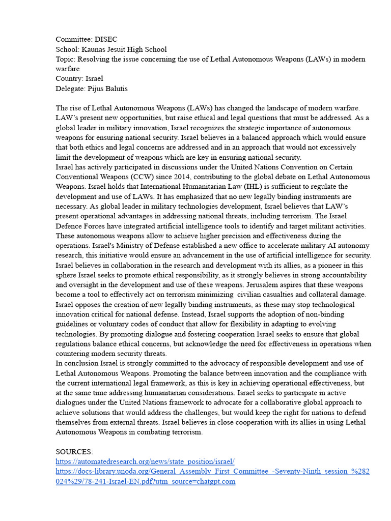 Israel DISEC Position Paper | PDF | International Relations