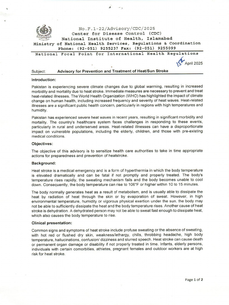 Advisory For Prevention and Treatment of Heat - Sun Stroke | PDF