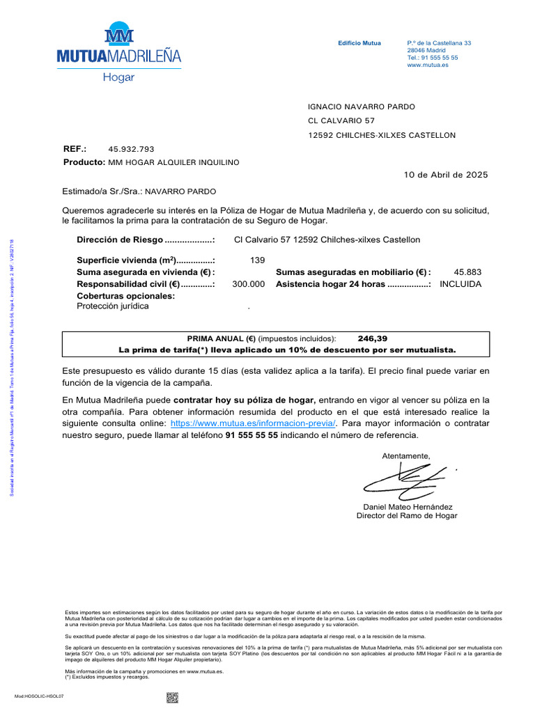 Presupuesto Seguro de Hogar Mutua | PDF | Seguro | Póliza de seguros