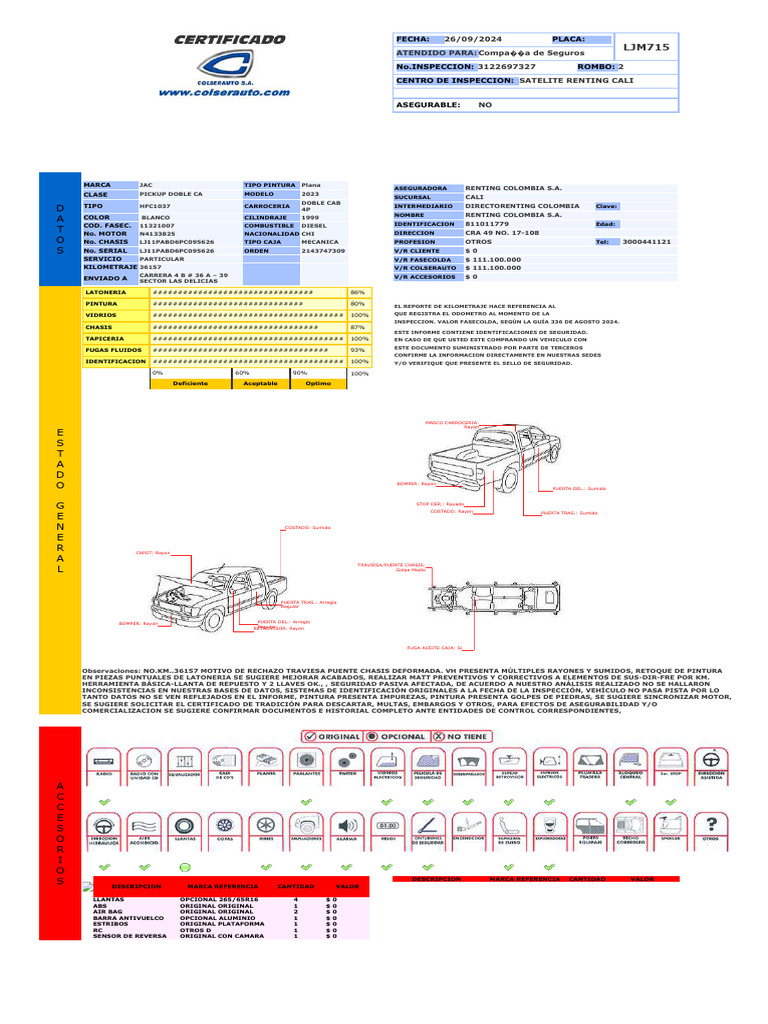 Informe de Inspección Vehicular JAC 2023 | PDF | Seguro de vehículo ...