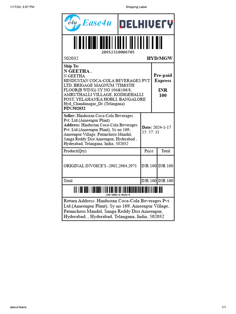 Shipping Label LOG 1003-6-0124 9 | PDF