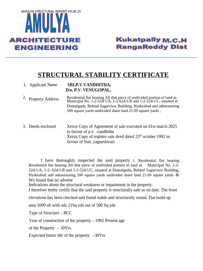 Structural Stability Certificate: Sri.P.V.Vandhitha, D/O. P.V ...