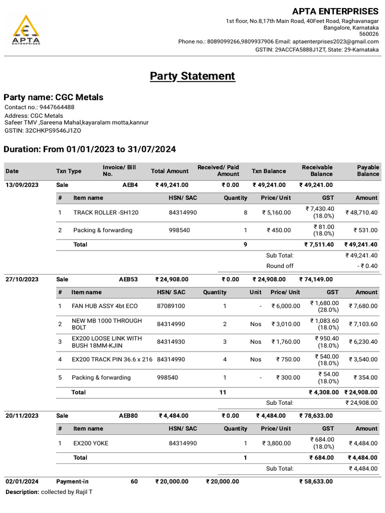 APTA Enterprises Transaction Summary | PDF