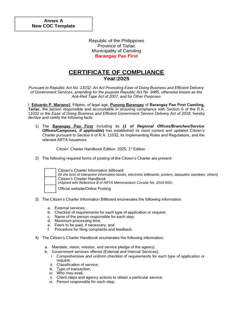 Certificate of Compliance 2025: Barangay Pao First | PDF | Justice ...