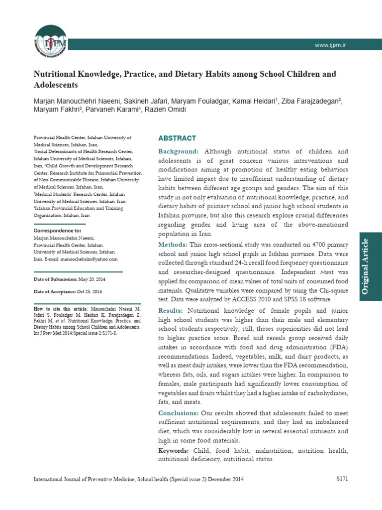 2014 - Nutritional Knowledge, Practice, and Dietary Habits Among School ...