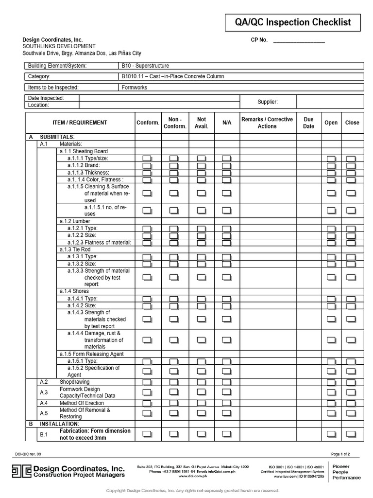 QA/QC Checklist for Concrete Columns | PDF | Building Technology ...