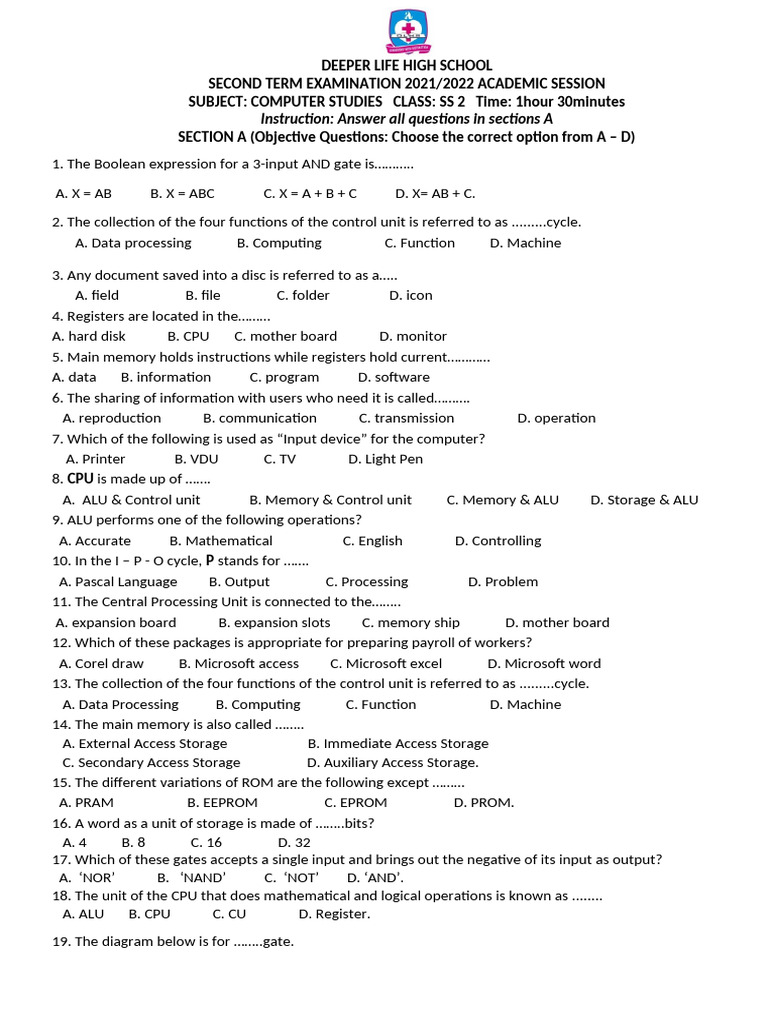 Ss 2 Computer Studies 2nd Term Exam 2021-2022 | PDF | Floppy Disk ...