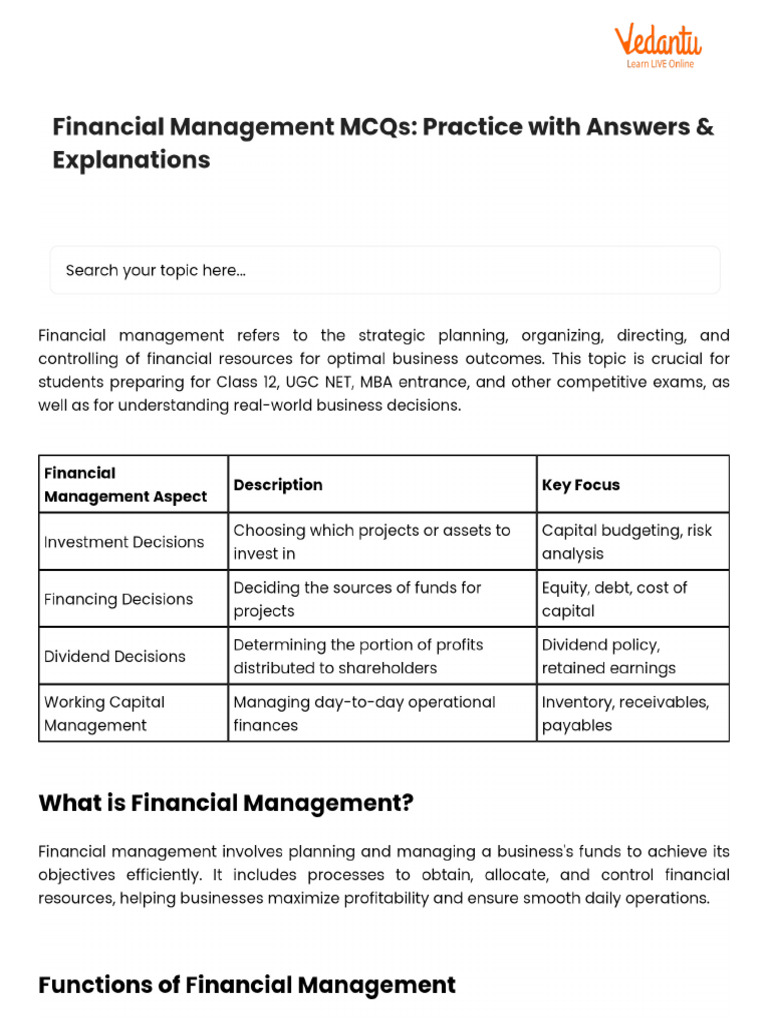 Financial Management MCQs - Practice With Answers & Explanations | PDF