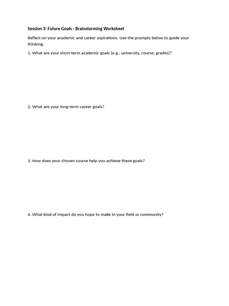 Session 3 Future Goals - Brainstorming Worksheet | PDF