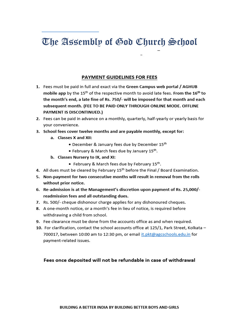 AG Church School Fees Payment Guidelines | PDF