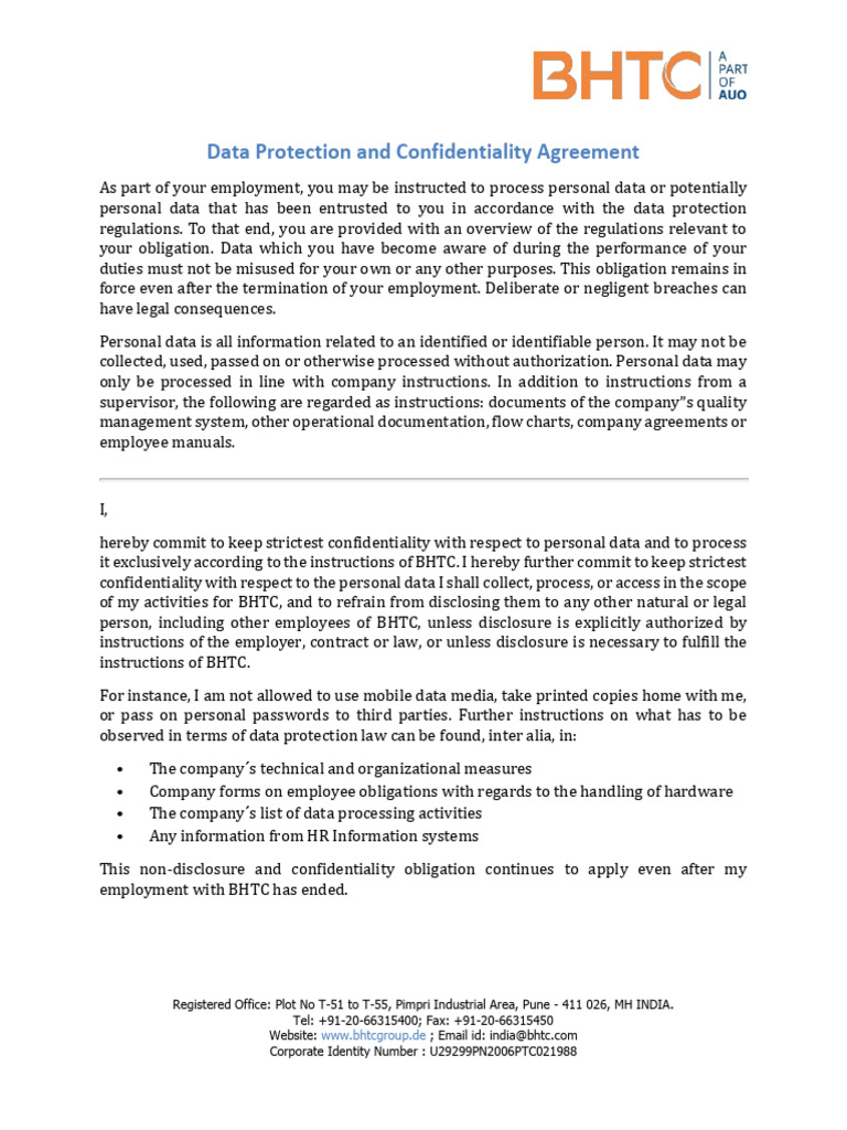 Data Protection Confidentiality Agreement | PDF | Employment ...