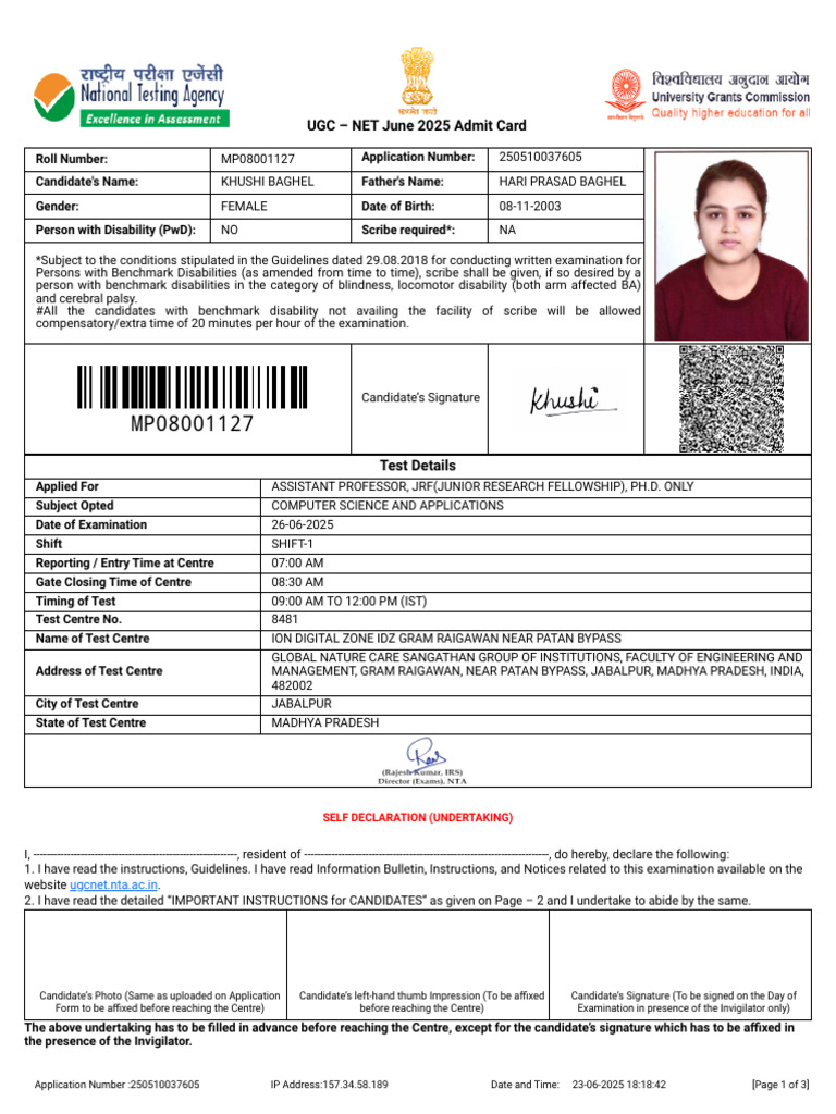 UGC NET June 2025 Admit Card Details | PDF | Identity Document