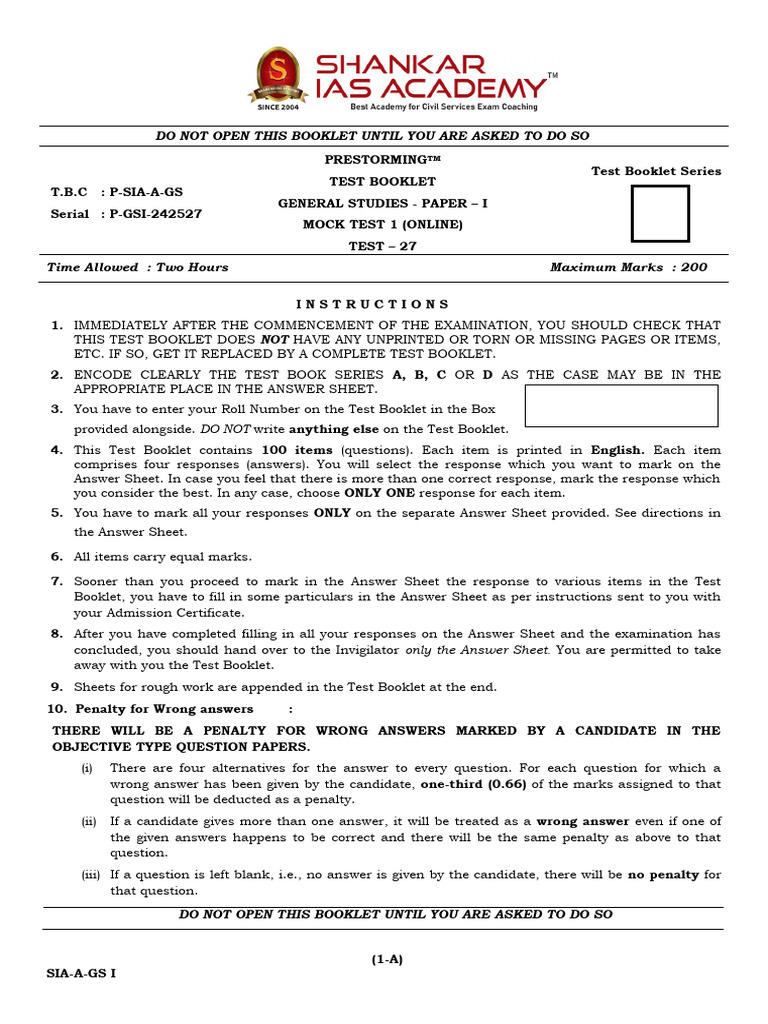 General Studies Mock Test 1 Paper | PDF