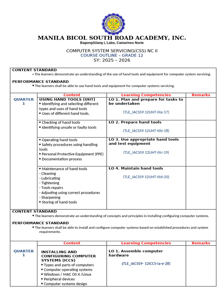 Course Outline Css 12 - Sy 25'26 | PDF | Computer Network | Ip Address