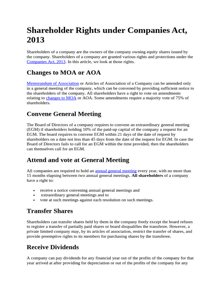 Shareholder Rights Under Companies Act | PDF | Dividend | Business ...
