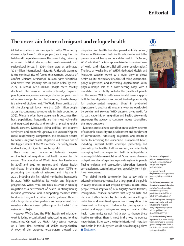 The Uncertain Future of Migrant and Refugee Health (LANCET) | PDF ...
