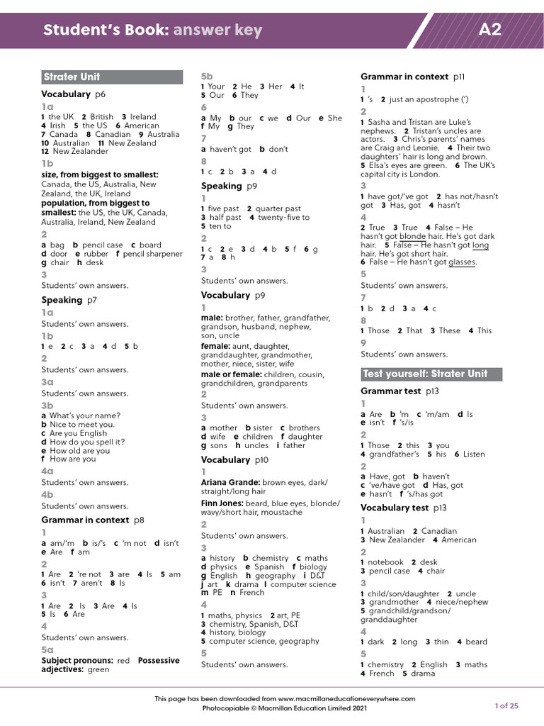 A2 Student Book Answer Key | PDF | Linguistics
