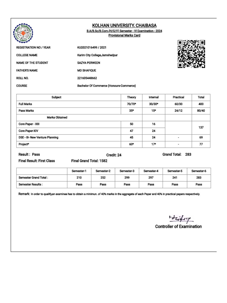 Kolhan University B.Com Semester VI Marks Card | PDF | Vocational ...