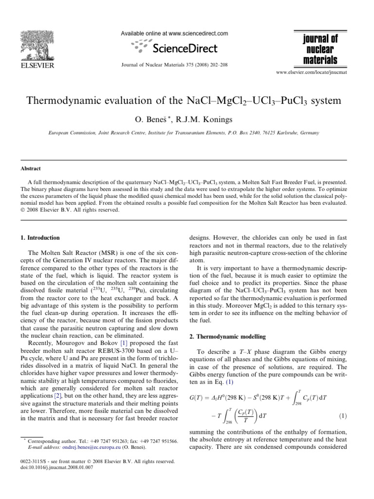 Thermodynamics of NaCl-MgCl2-UCl3-PuCl3 System | PDF | Phase Diagram ...