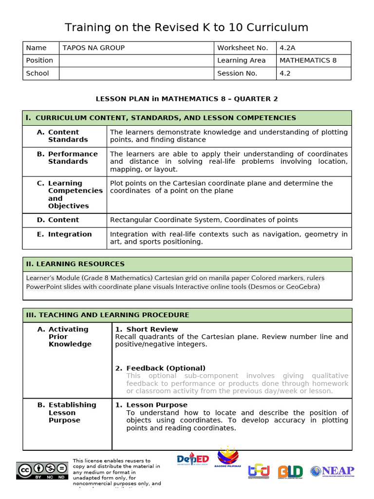 Lesson Plan: Plotting Points in Math 8 | PDF | Cartesian Coordinate ...