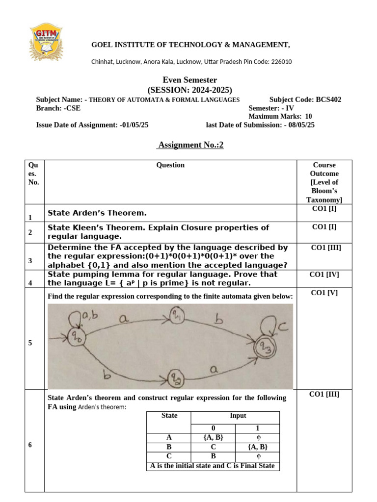 Automata Theory Assignment BCS402 | PDF | Automata Theory | Metalogic