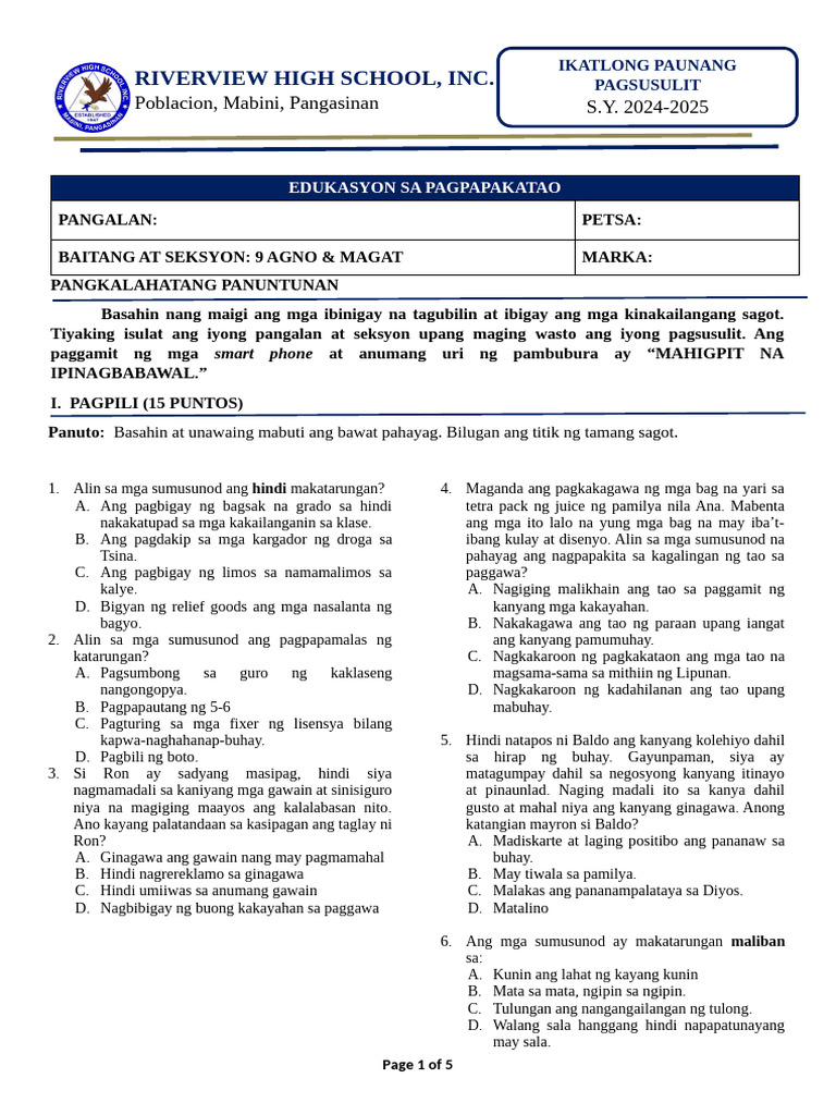 ESP 9 Q3 Prelim | PDF