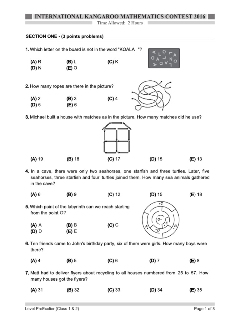 International Kangaroo Mathematics Contest 2016: SECTION ONE - (3 ...