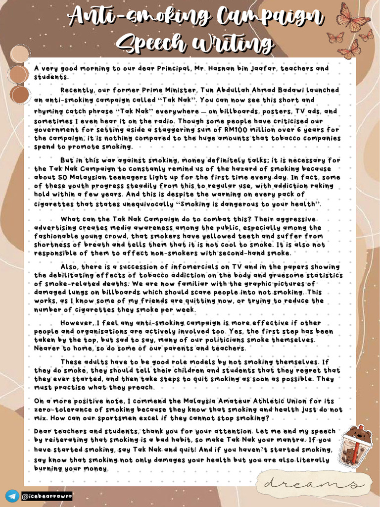 Anti Smoking Campaign Speech Writing | PDF | Smoking | Determinants Of ...