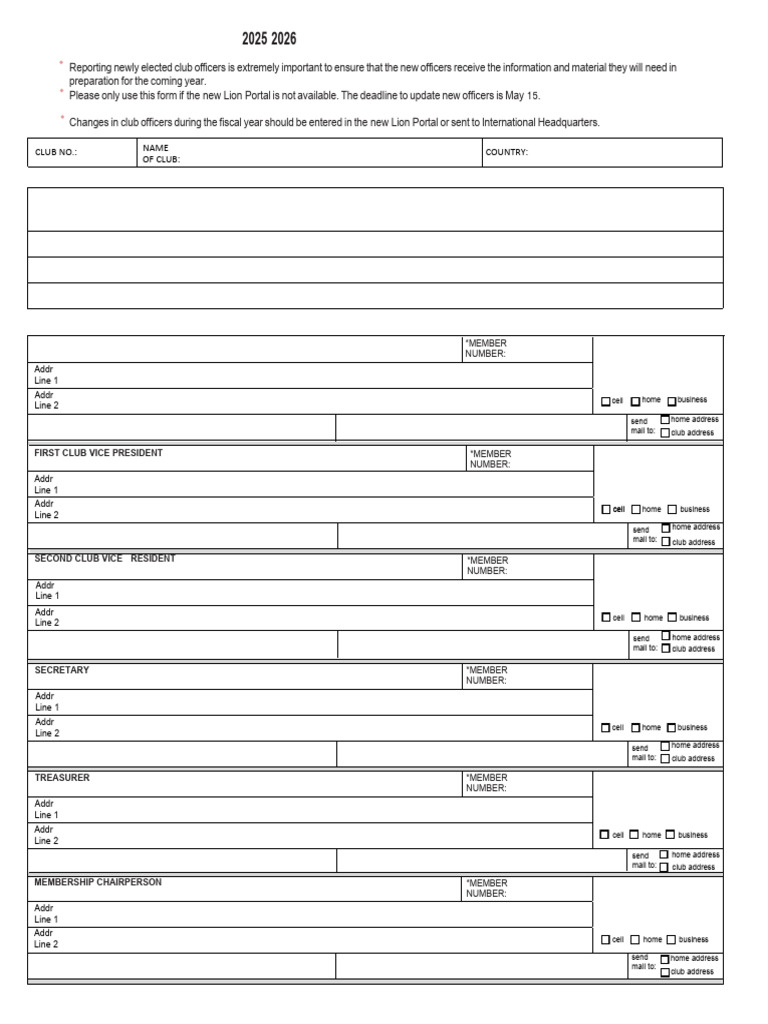 2025-2026 Lions Club Officer Form | PDF